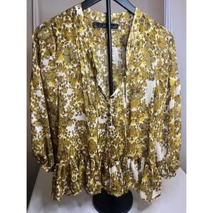 Paterson J Kincaid Women's Blouse Size S Yellow Print Sheer Long Sleeve